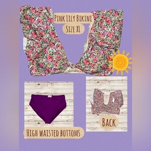 Pink Lily Floral Bikini Set | XL Top + High Waisted Bottoms | Multicolor 👙